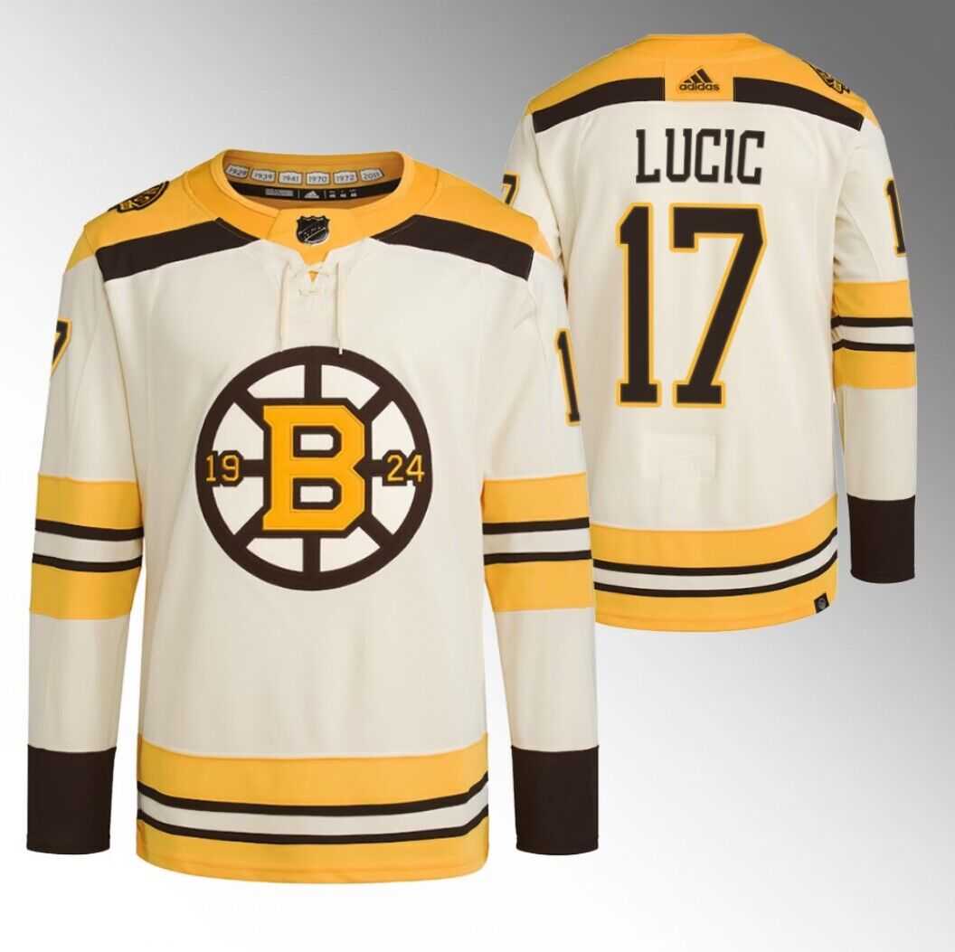 Mens Boston Bruins #17 Milan Lucic Cream 100th Anniversary StitchedStitched Jersey Dzhi->boston bruins->NHL Jersey